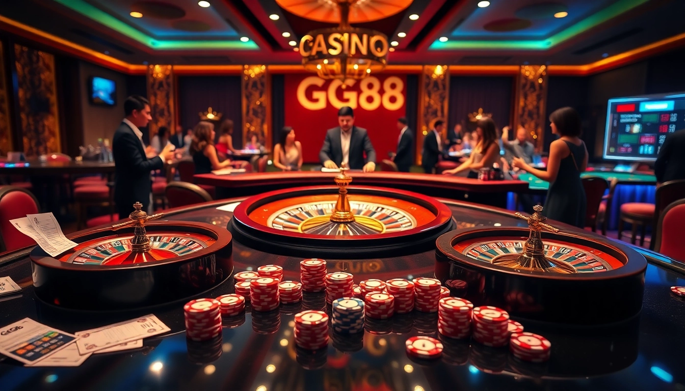 Experience the thrill of GG88 casino gaming with an engaging scene of excited players at roulette and poker tables.