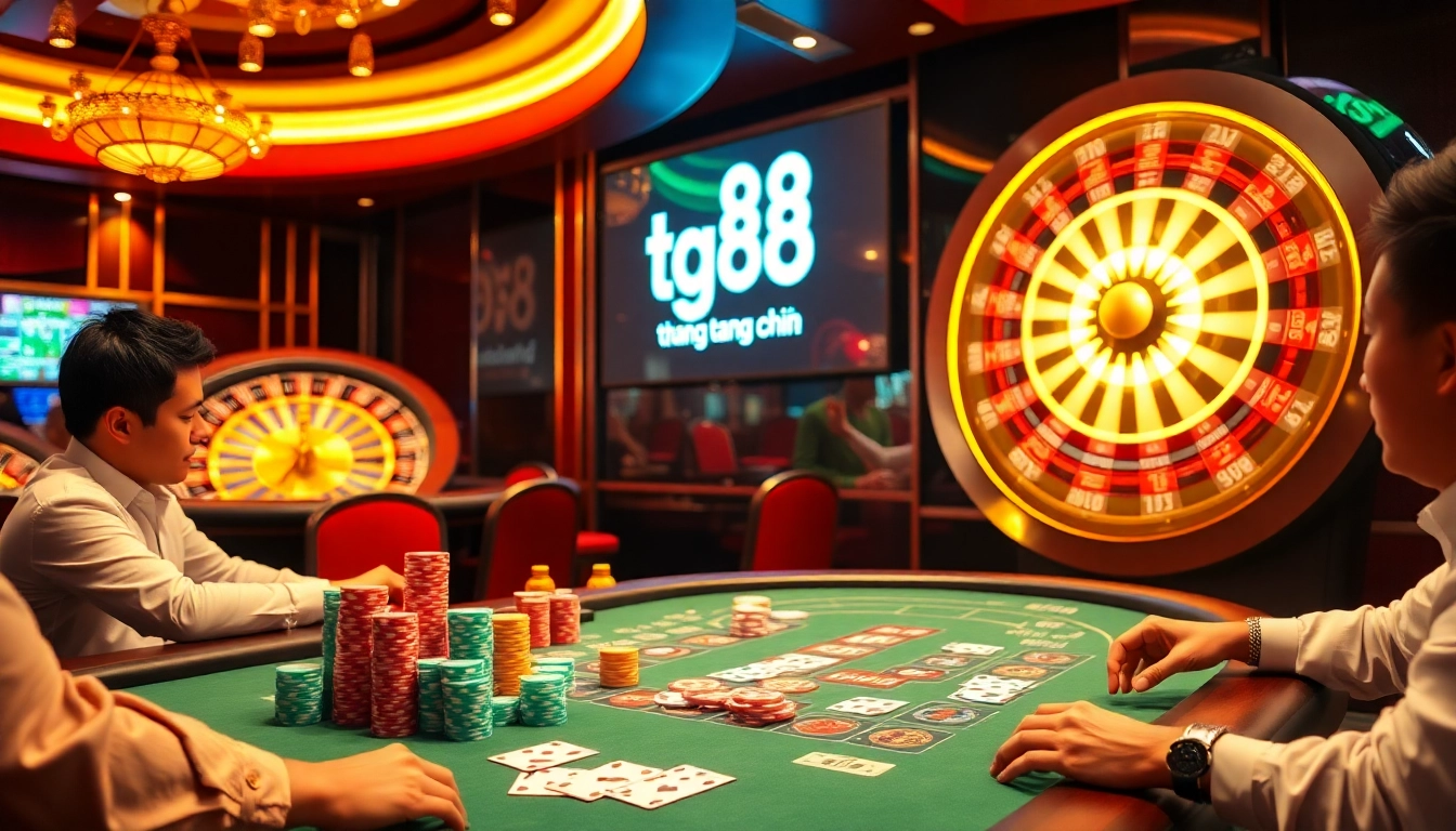 Experience lively casino action at tg88 trang chủ with high-stakes poker, vibrant chips, and a spinning roulette wheel.