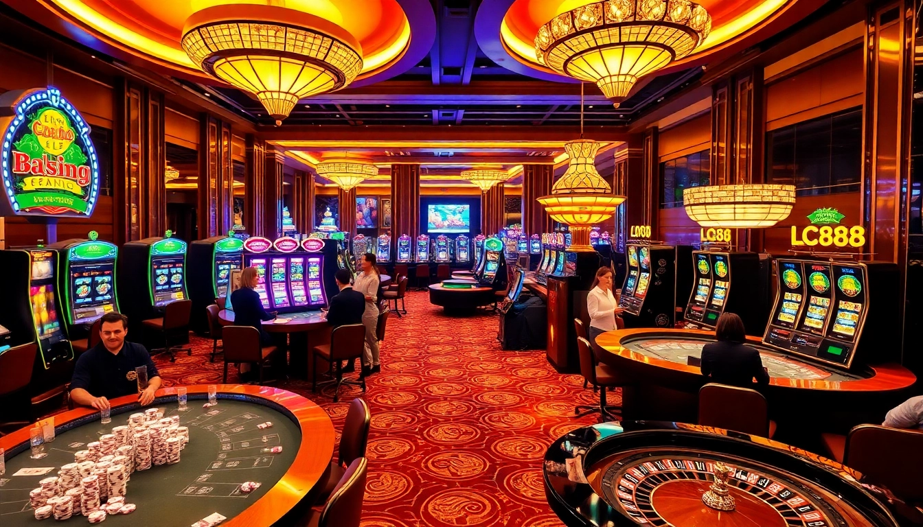 Players enjoying LC88 BET at vibrant casino tables amidst exciting games and rich decor.