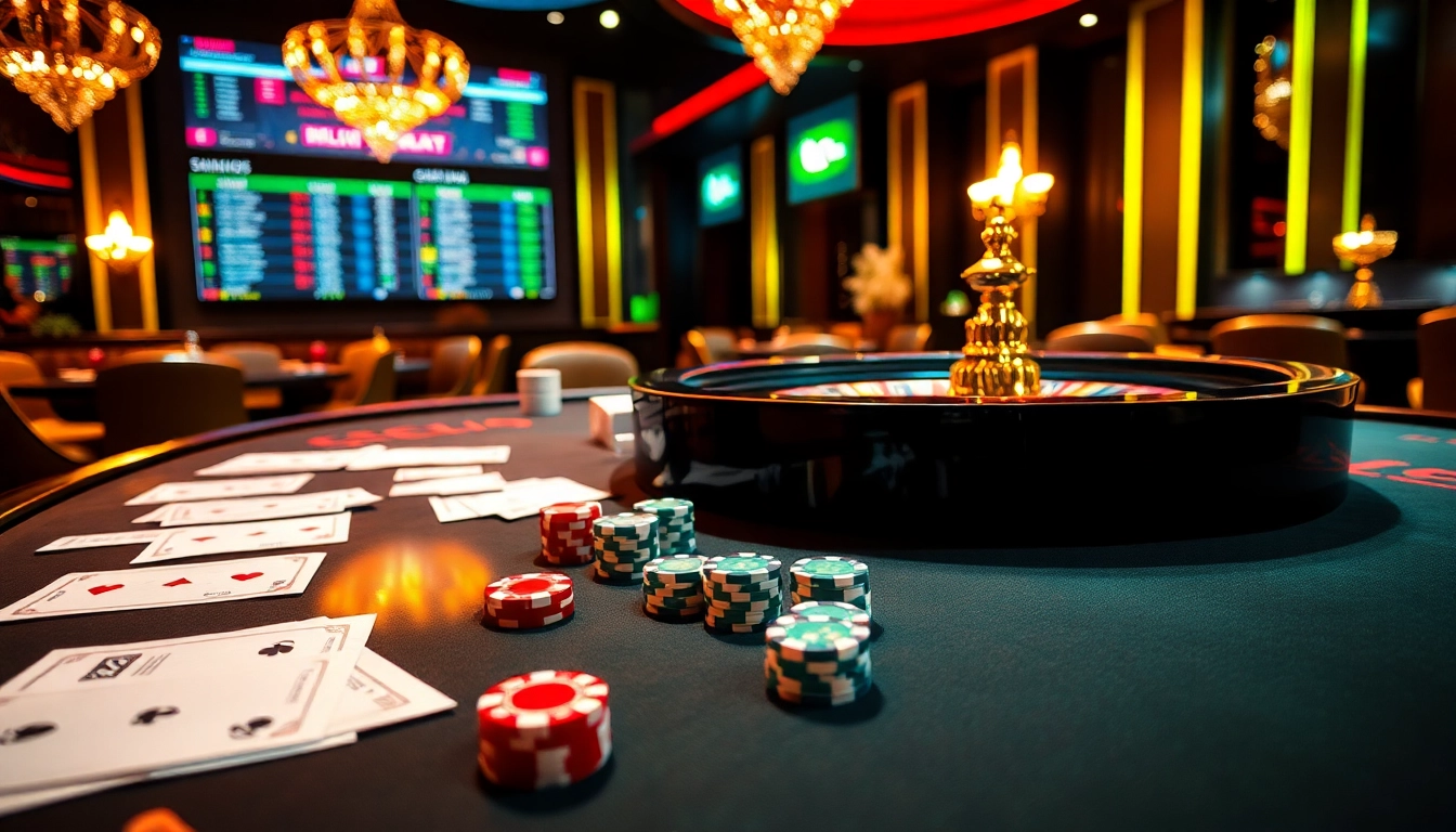 Experience exciting betting with tỷ lệ bóng đá at a luxurious casino table surrounded by vibrant gambling elements.