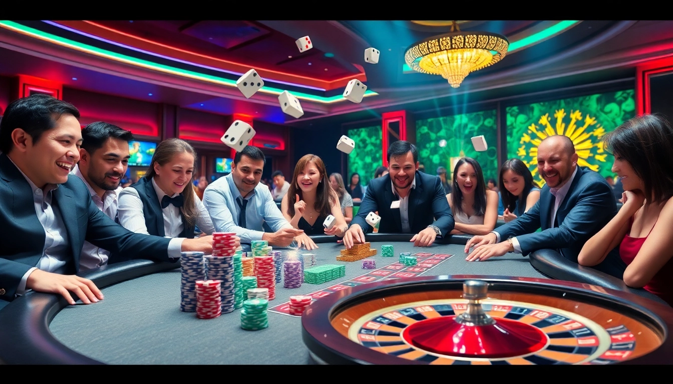 Players experiencing the excitement of mm88 with vibrant casino tables and colorful poker chips.