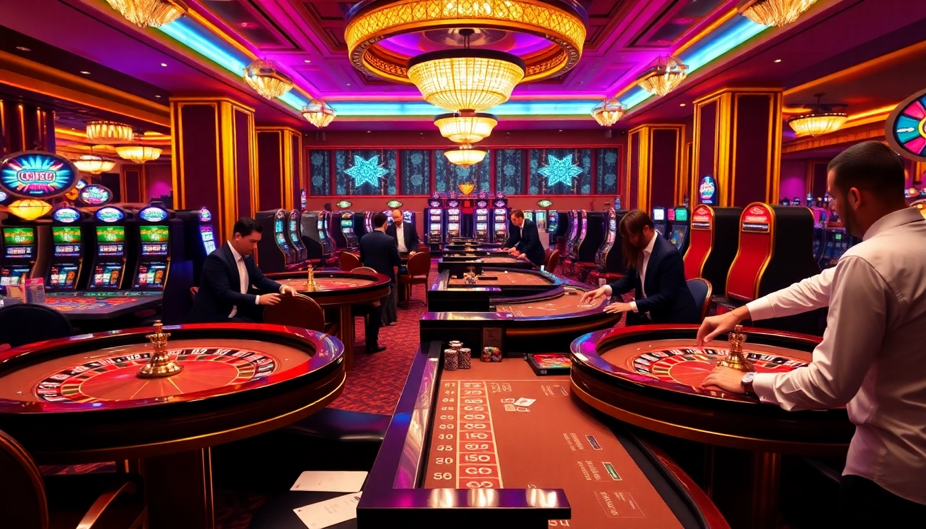 Engage in a thrilling gaming experience at 789F's luxurious casino showcasing vibrant roulette and poker tables.