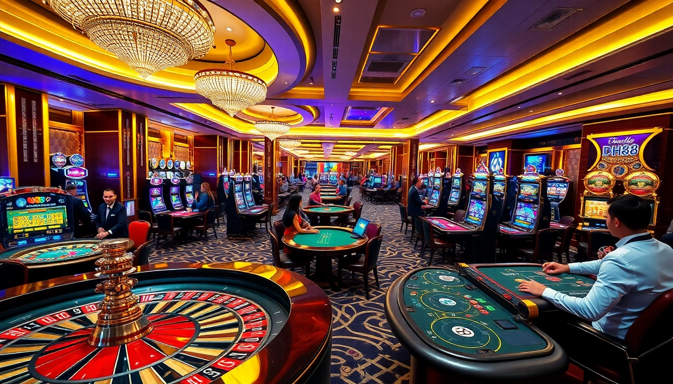 DH88 casino scene with players at roulette, poker tables, and slot machines.