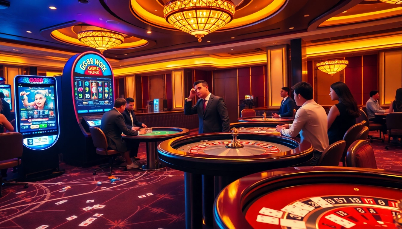 Exciting gambling action at GG88 WORK with vibrant casino tables and digital slot machines.