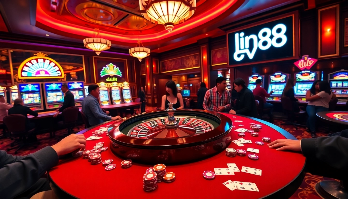 Experience thrilling gameplay with link ev88 at a vibrant casino filled with roulette, poker chips, and slot machines.