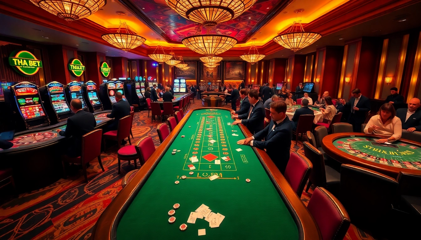 Experience the thrill of THA BET at a luxurious casino filled with roulette tables and excited players.