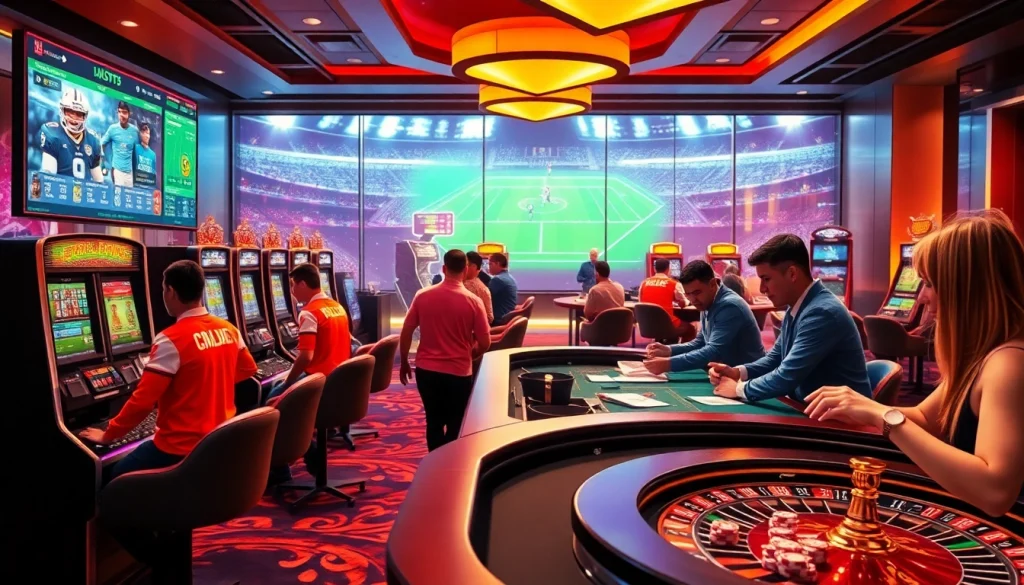 Players engaging with the bsport online betting platform in a vibrant casino setting, showcasing excitement and strategy.