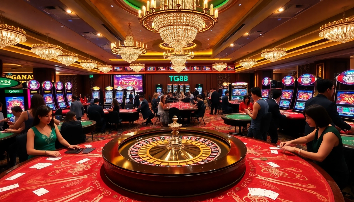 Players enjoying their game at TG88 casino with colorful roulette wheel and lively atmosphere