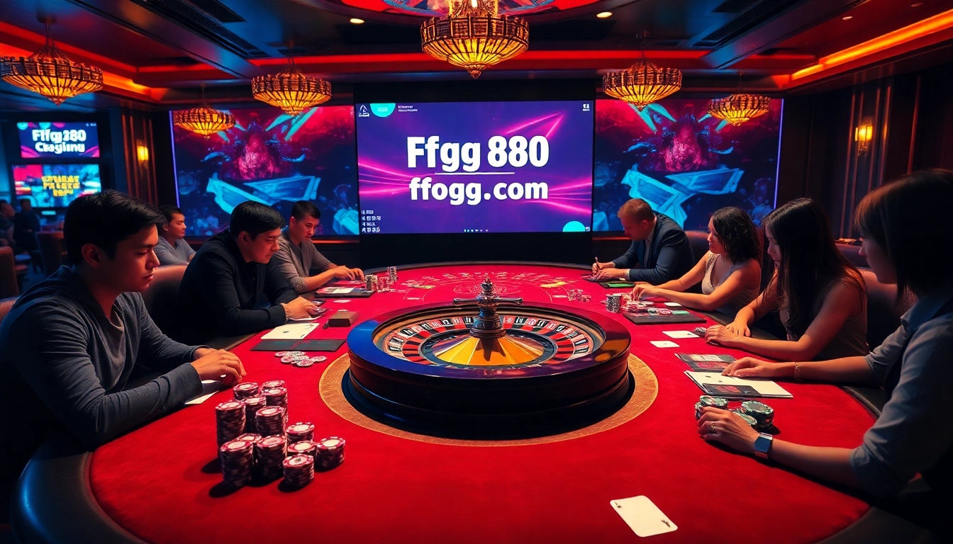 Engage with thrilling gaming at https://ffgg88.com/, showcasing a vibrant casino table filled with chips and cards.