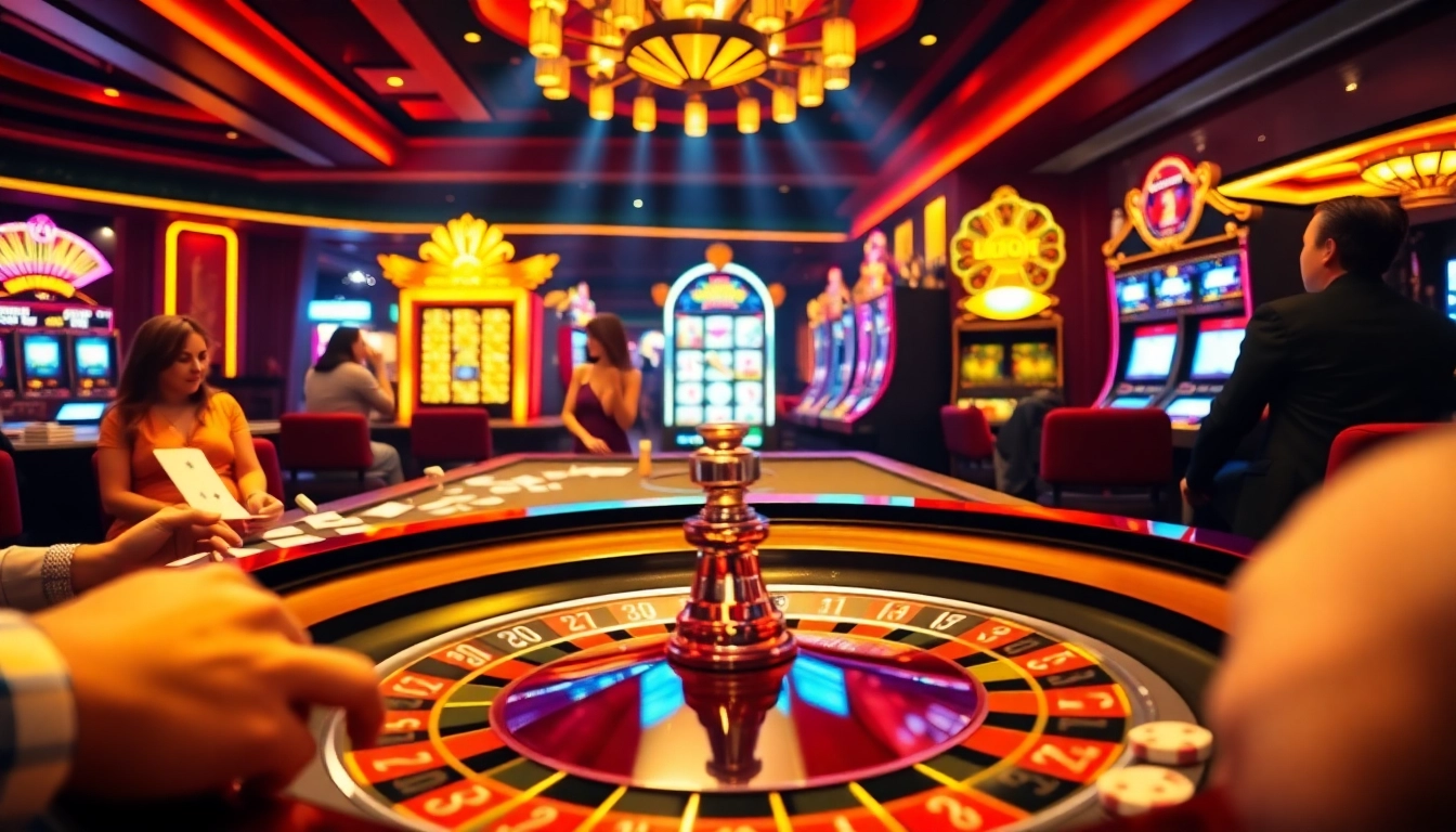 Experience the thrill of winning at Luckywin with an exhilarating casino scene featuring roulette and slot machines.
