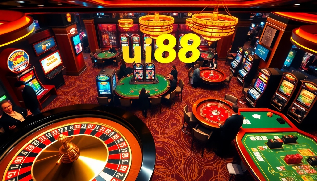 Experience the thrill of gambling at uu88 with a luxurious casino scene featuring roulette and slot machines.