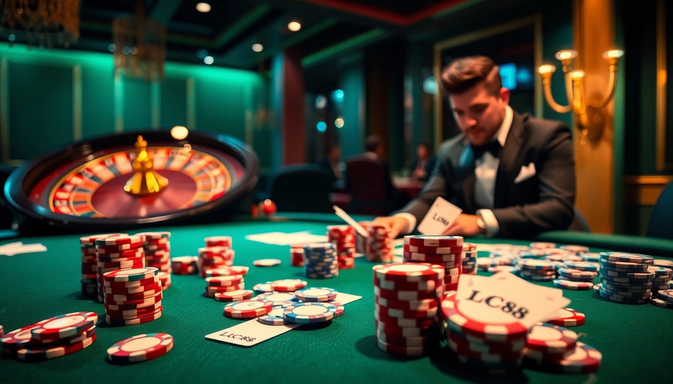 Engage in vibrant casino action with LC88 poker chips and luxurious cards at a high-stakes table.