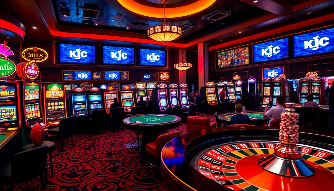 KJC gaming experience showcasing vibrant slot machines and a lively poker table in a luxurious casino.