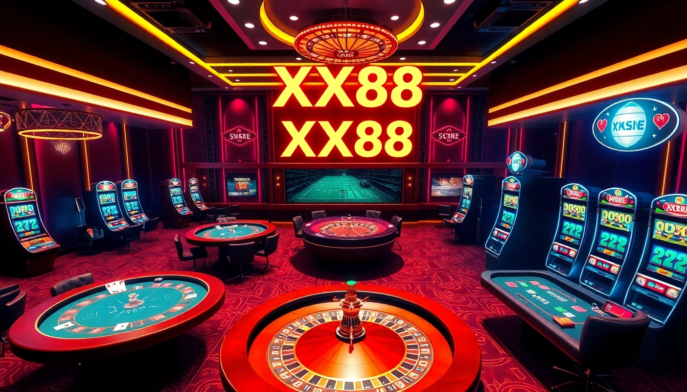 Exciting gaming scene with XX88 branding featuring poker, roulette, and slot machines