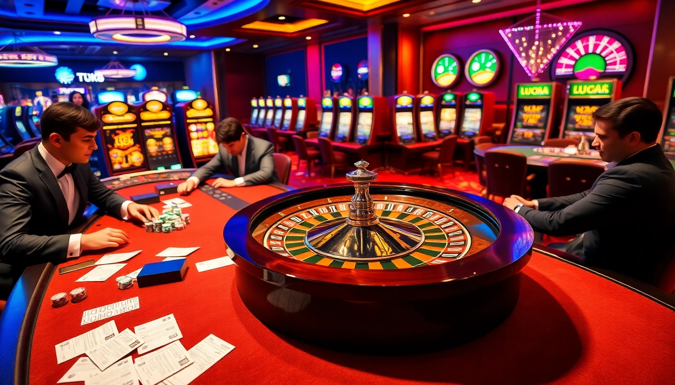 LUCK8 gamers strategizing around an elegant roulette wheel in a luxury casino atmosphere.