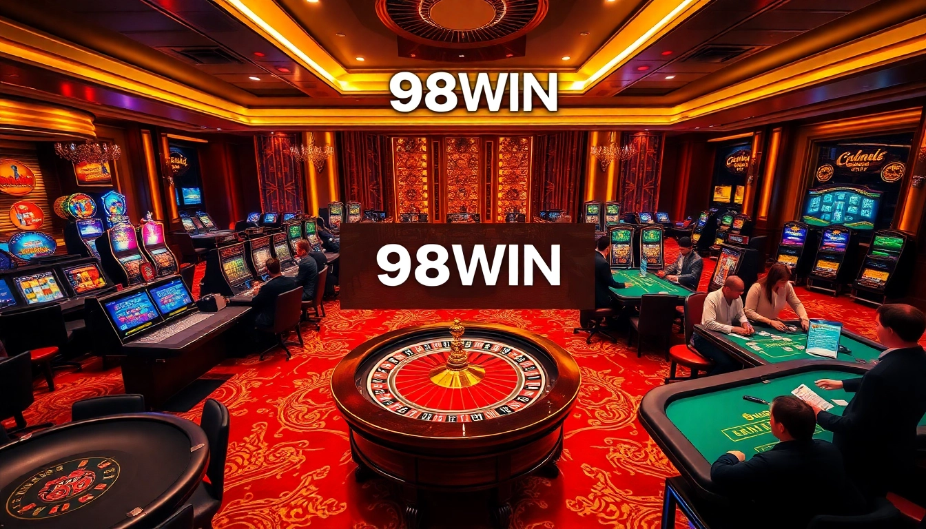 Experience the thrill of gaming at 98WIN with an exciting casino environment full of players and vibrant tables.