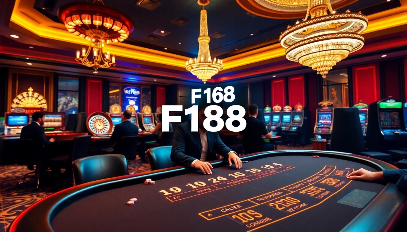 F168 casino ambiance with players at a blackjack table and vibrant gambling elements.
