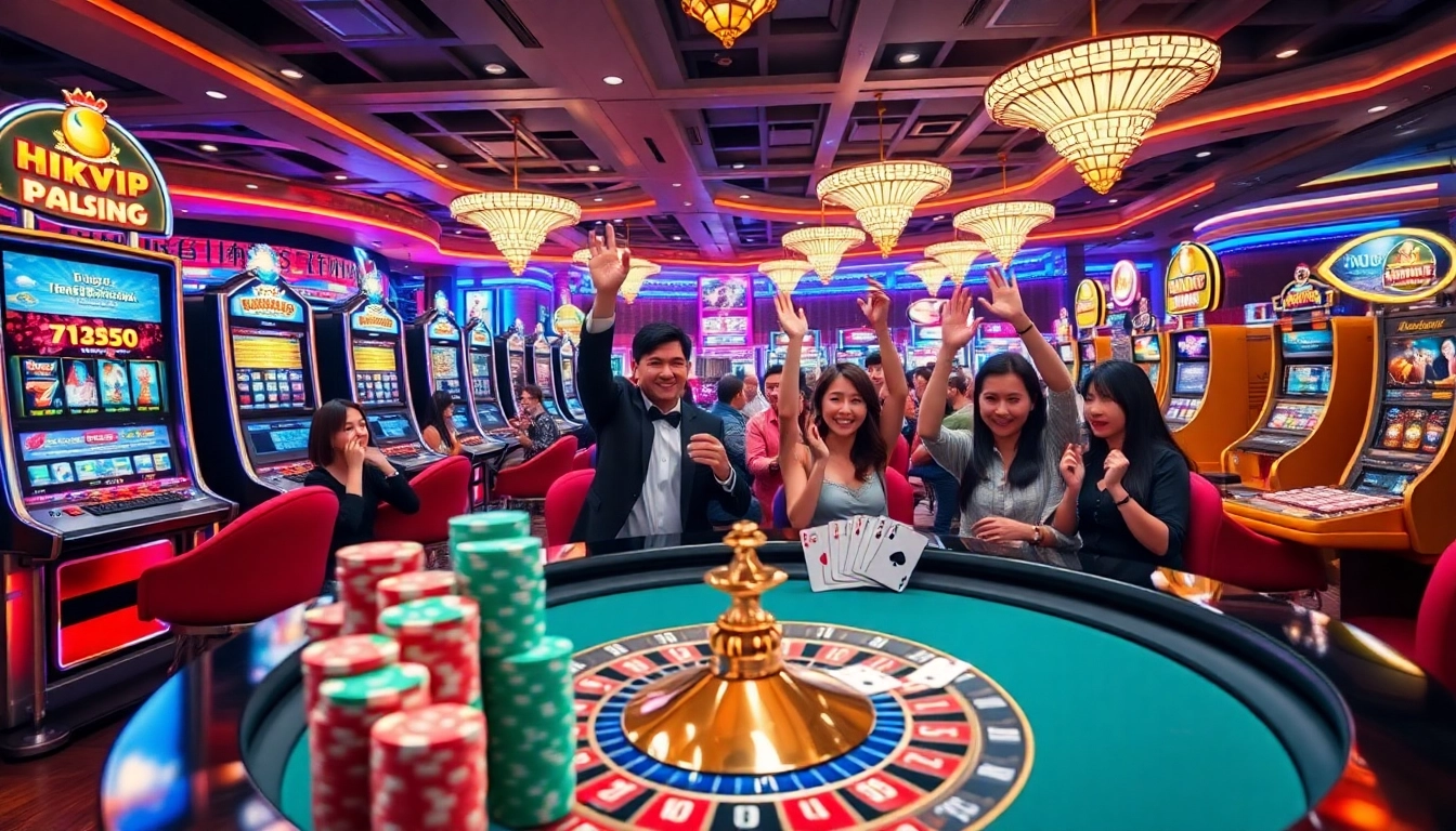 Tác giả RIKVIP guiding an exhilarating online gaming experience at a bustling casino.
