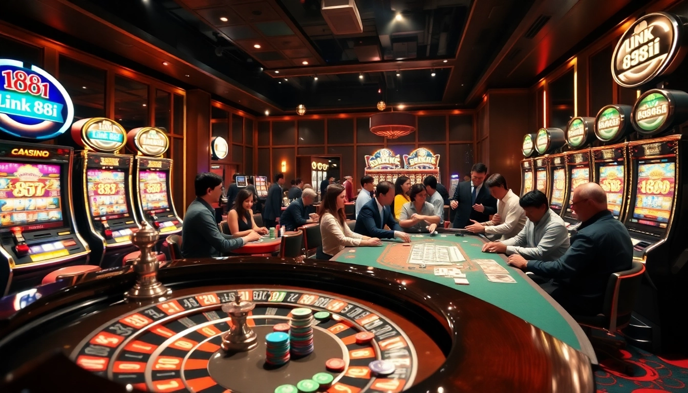 A lively casino scene highlighting the excitement of gambling around the 'link 88i' slot machines.