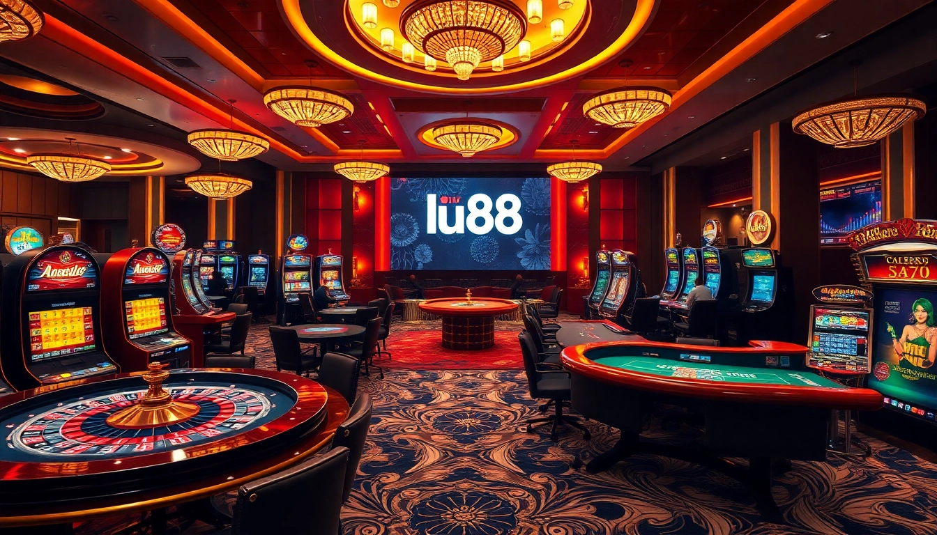 Experience the excitement of gambling with lu88 at a vibrant casino scene featuring tables and slot machines.