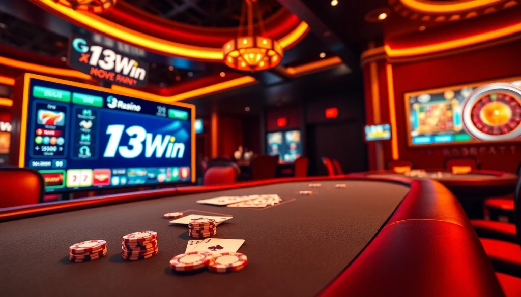 Experience the thrill of 13Win with luxury poker chips on a vibrant casino table.