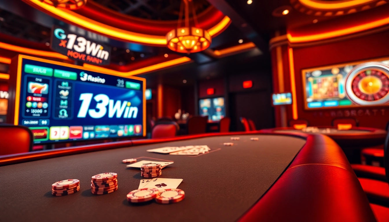 Experience the thrill of 13Win with luxury poker chips on a vibrant casino table.