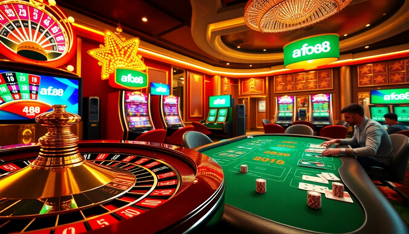 Experience the thrill of gambling with af88 at a luxurious online casino featuring roulette, slot machines, and poker tables.