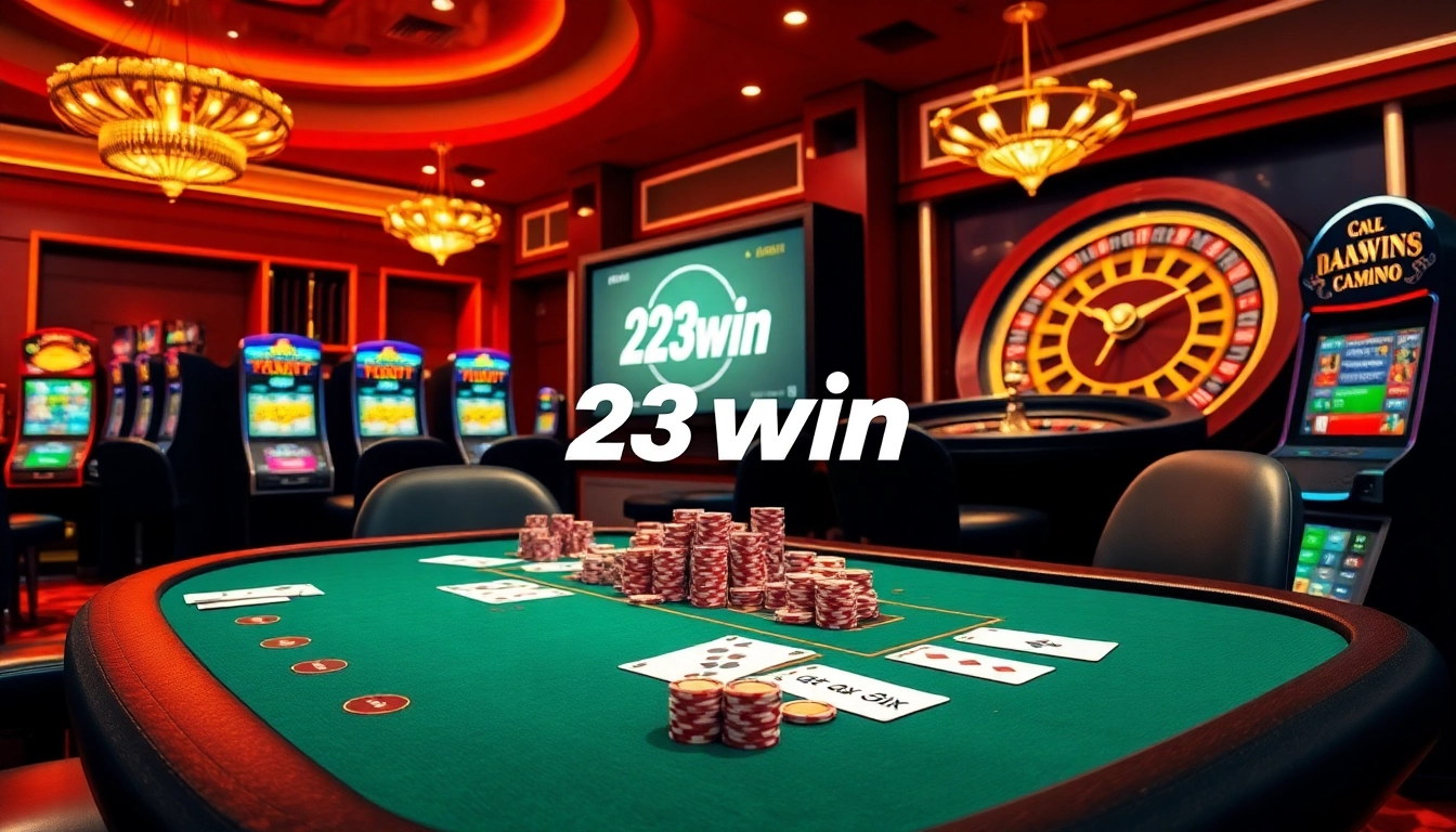 Engaging casino scene featuring 23win logo, poker table, and slot machines.