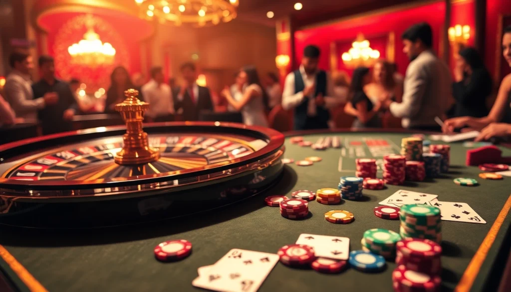 Experience the excitement of 8kbet with a vibrant casino scene showcasing a high-stakes gaming table.