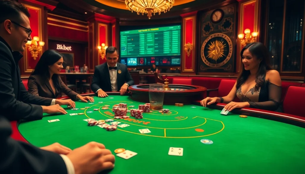 Experience the thrill of 8kbet at a luxurious casino table with glamorous players and vibrant chips.