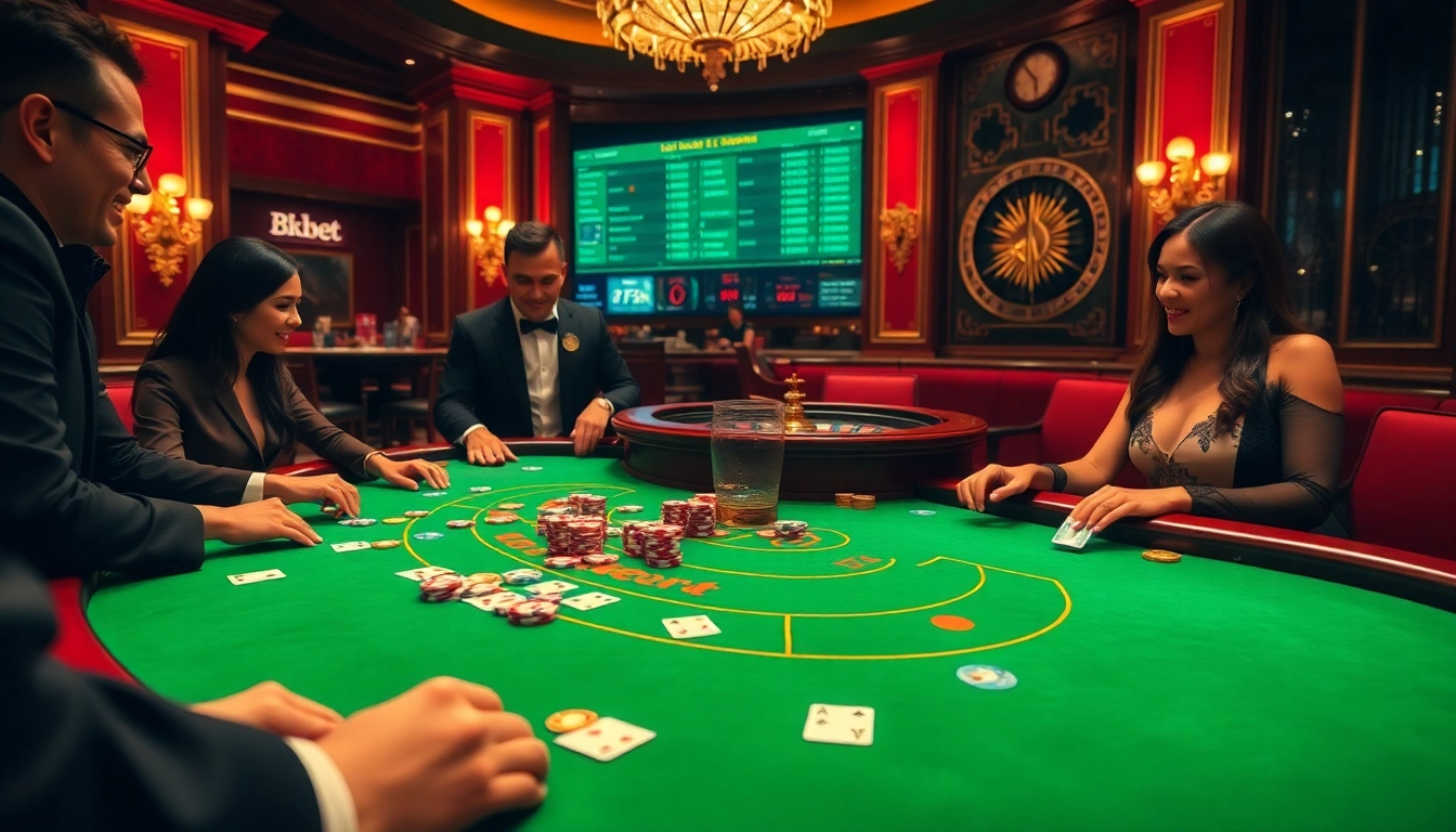 Experience the thrill of 8kbet at a luxurious casino table with glamorous players and vibrant chips.