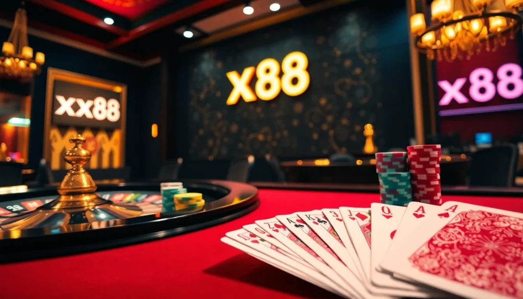 Exciting casino atmosphere featuring xx88 poker chips, cards, and roulette wheel.