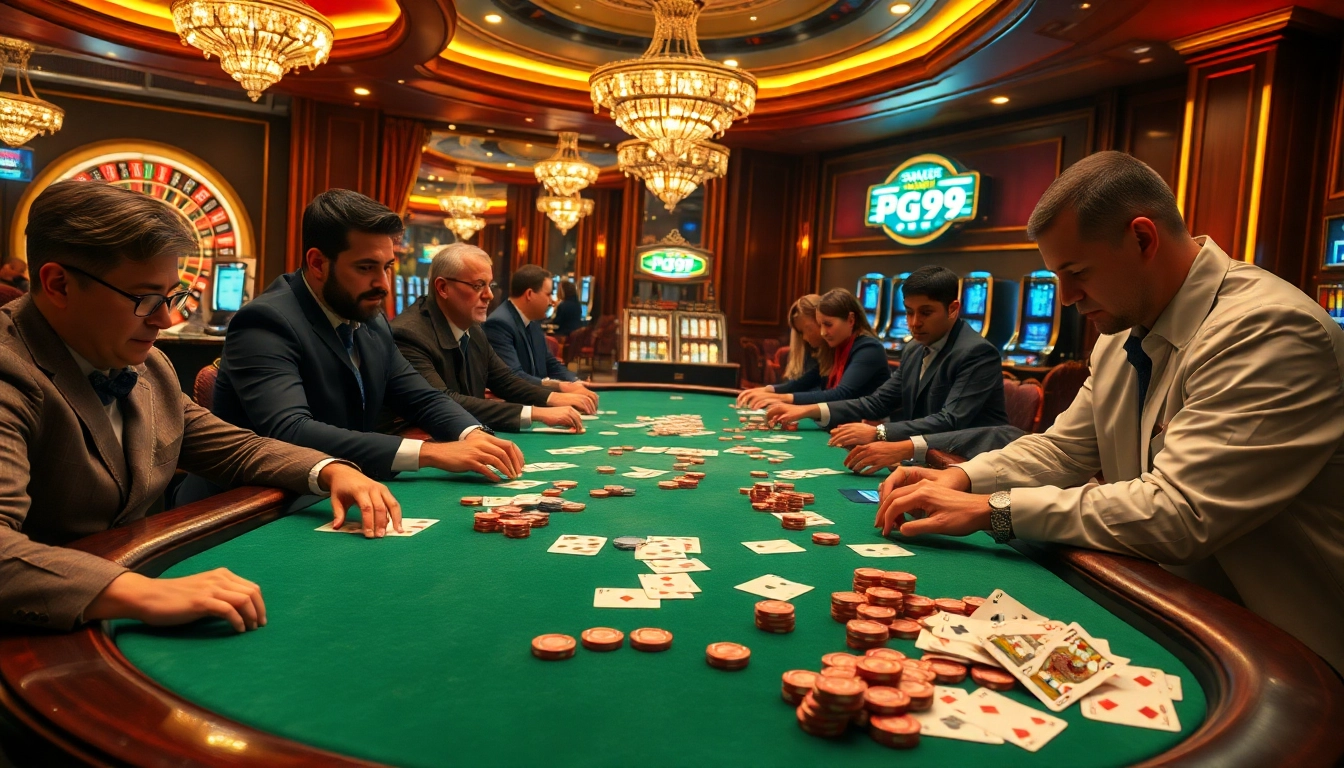 Gambler placing bets at a high-stakes poker table in a luxurious PG99 casino.
