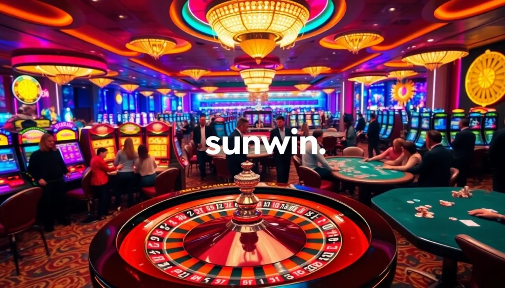 Experience the excitement of 'sunwin' casino gaming with players at vibrant tables and spinning roulette wheels.