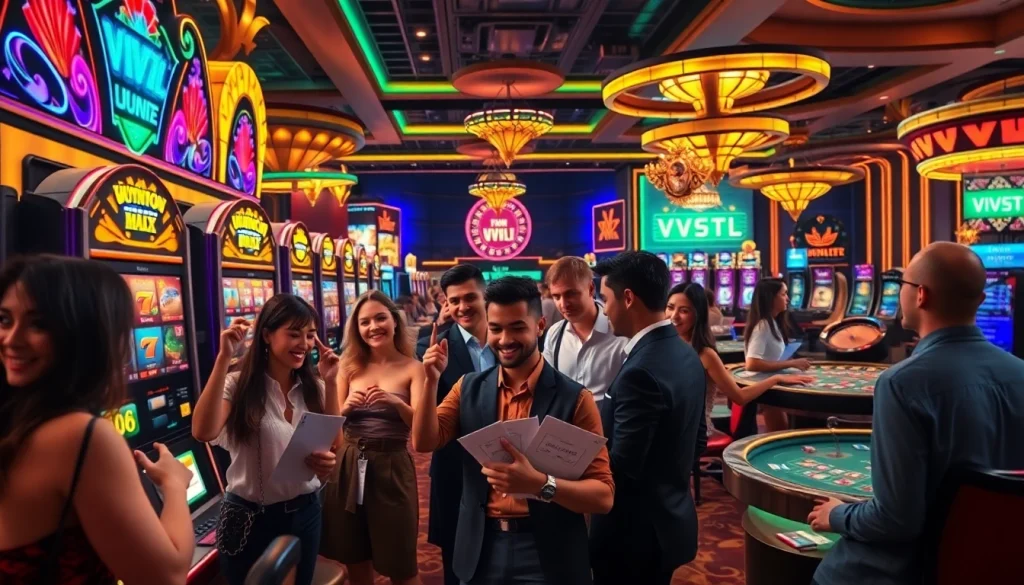 Gamblers enjoying the thrill of VVJL's online casino with vibrant slot machines.