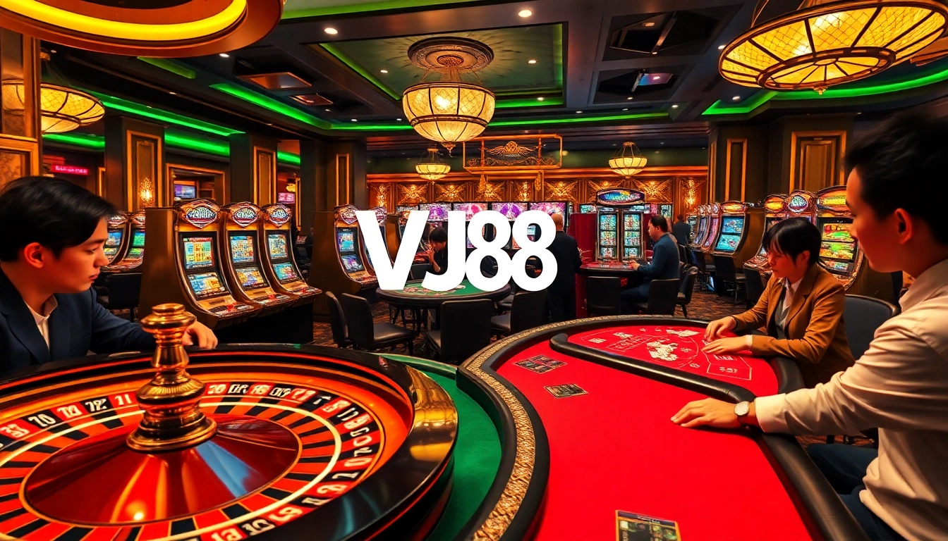 Exciting casino ambiance with vibrant gameplay at VJ88, featuring poker tables and slot machines.