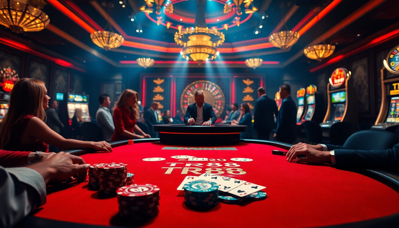 Players strategizing over a high-stakes poker table with TR88-themed poker chips.