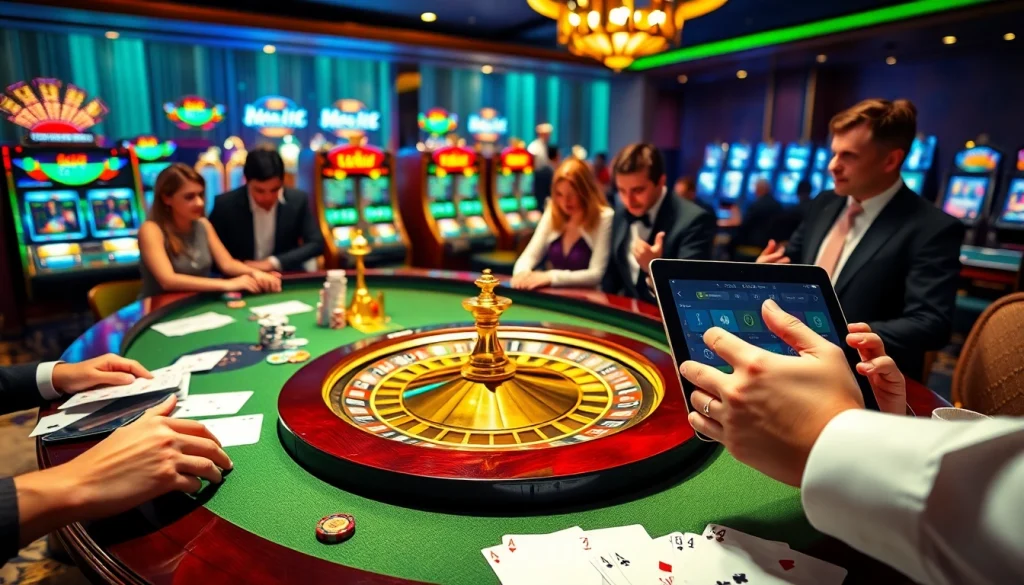 The vibrant casino scene highlighting roulette excitement at http://luck8f.cn.com/, complete with elegant players and glowing slot machines.