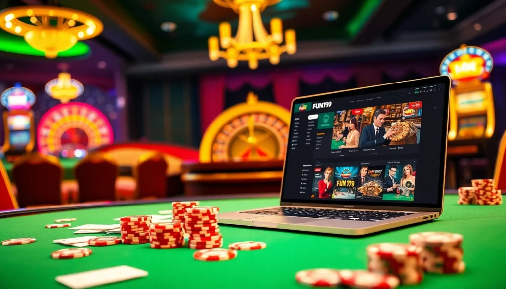 fun79 interactive online gambling experience with poker chips and roulette wheel