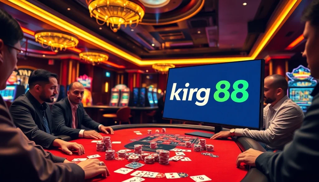 Players enjoy an exhilarating game at a king88 casino table filled with vibrant chips and cards.