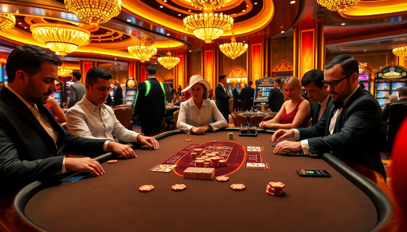 Players engaging in high-stakes poker at a luxurious casino table inspired by https://thabet77.org/.
