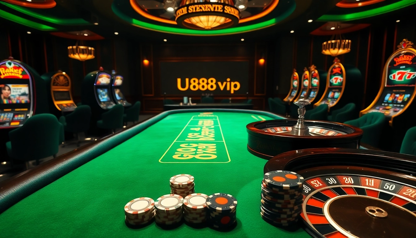 Experience thrilling gameplay at U888vip's lavish casino environment, featuring vibrant slot machines and poker tables.