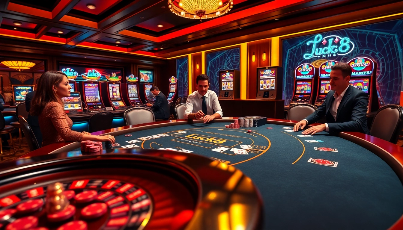 Experience the thrill of Luck8 with a vibrant casino scene featuring blackjack, roulette, and excited players.