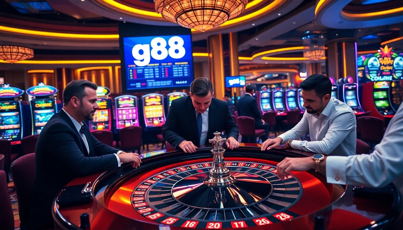 Gamble at the casino with professional players and vibrant g88 roulette table surrounded by chips.