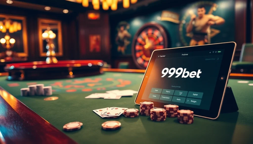 Experience the thrill of 999bet with exciting gambling action at a sleek casino table.