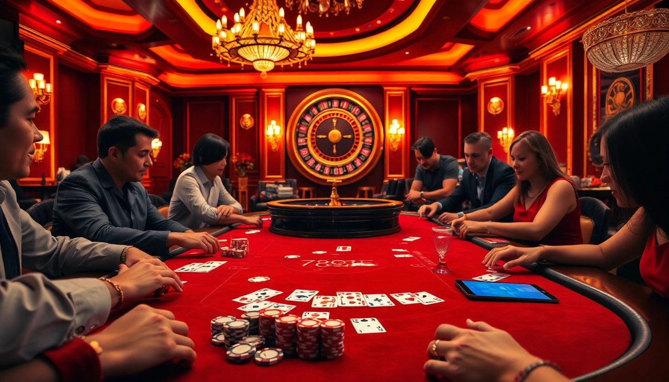 Players enjoying poker and blackjack in a vibrant casino scene, featuring 789F branding.