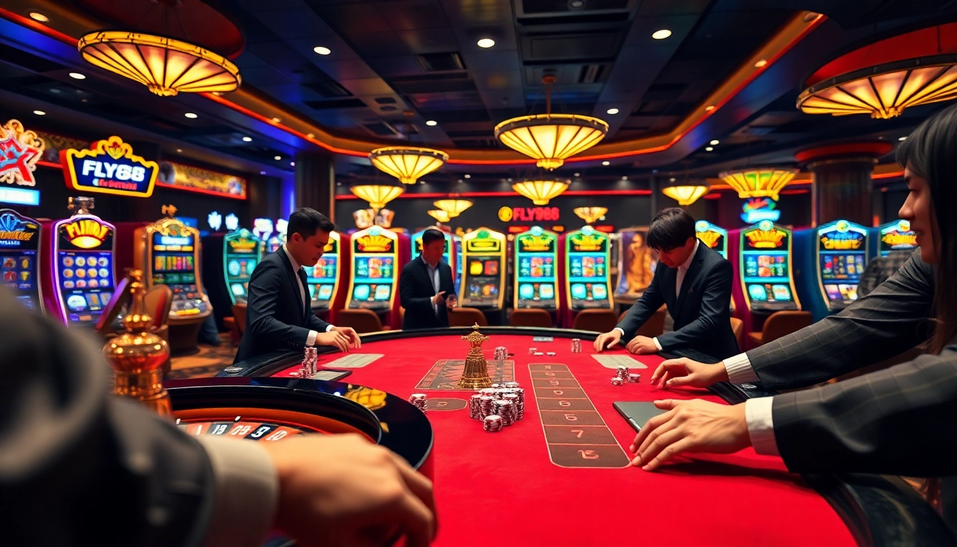 Experience the excitement at FLY88 casino with vibrant gaming tables and professional dealers.