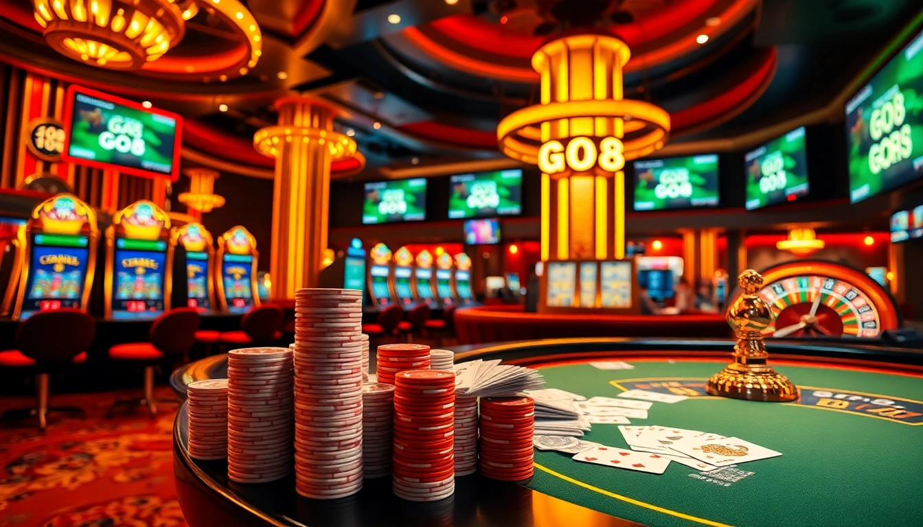 GO8 players enjoy an exhilarating poker game with vibrant casino elements in a classy environment.