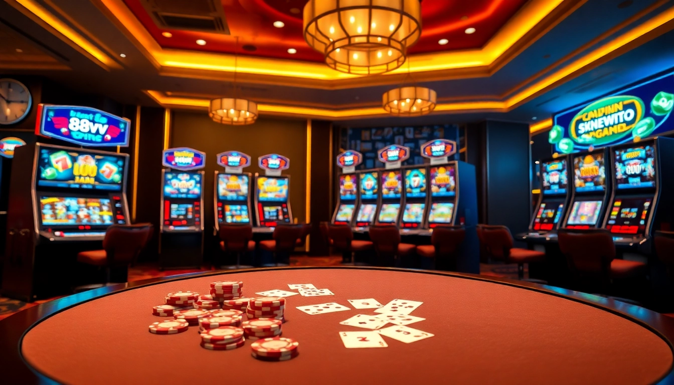 88vv poker chips and cards displayed on a luxurious casino table.