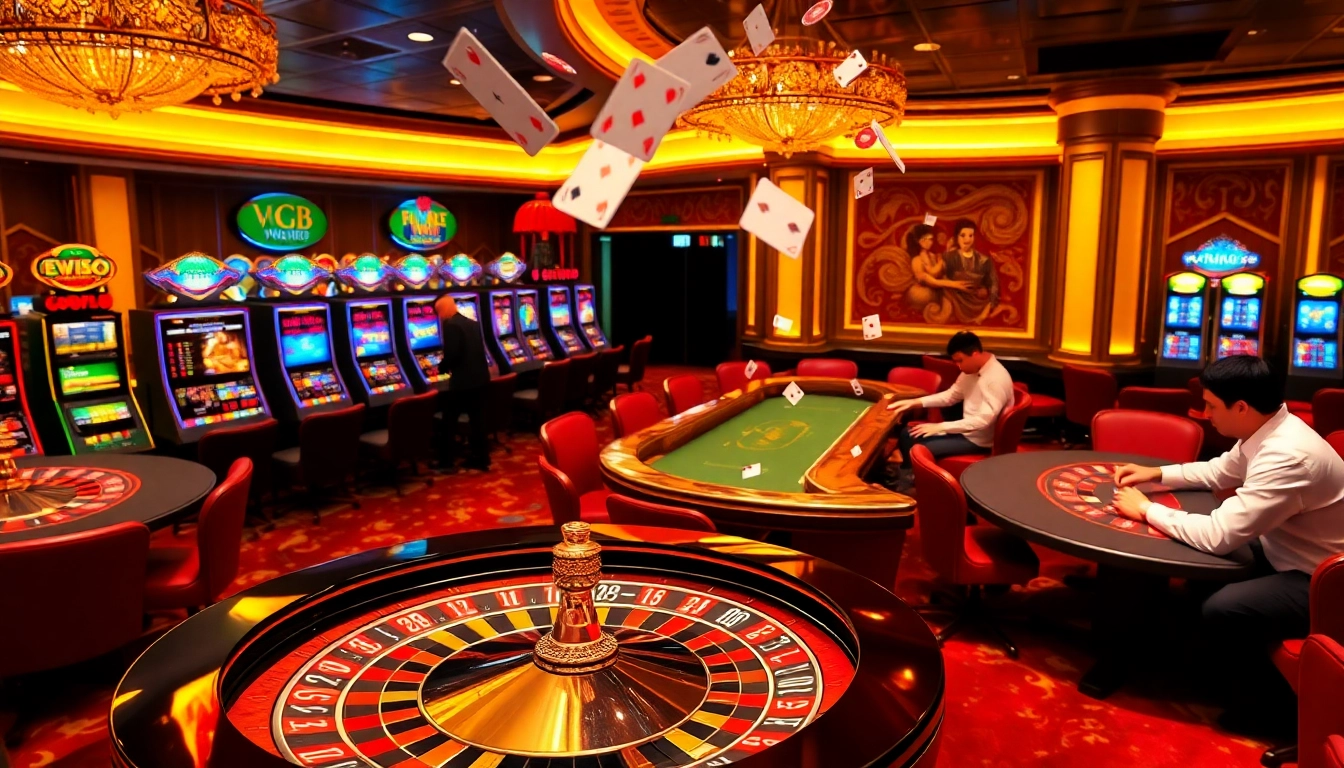 Engage in thrilling casino games at SV388 with vibrant roulette and poker tables.